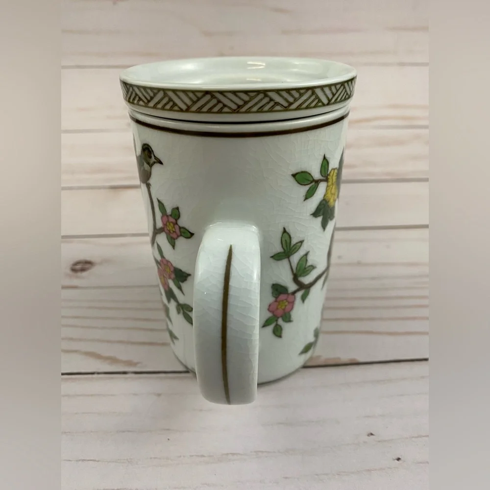 Pier 1 Imports Porcelain Tea Infuser Mug Birds & Blossoms Hand Painted NO LID
